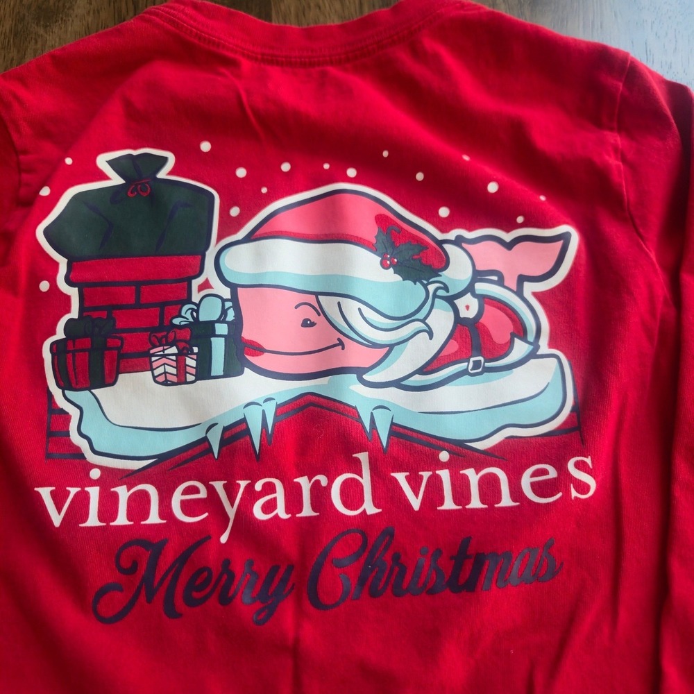 Vineyard Vines Kids Small 8-10 Red Merry Christmas Santa Whale Long Sleeve Shirt